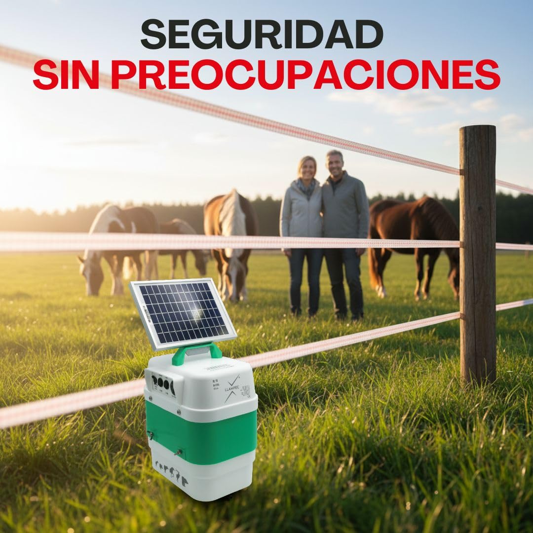 Llampec Pastor Eléctrico Solar 16S con Panel Solar 12v 5v Incluido – 4J 10.000V - 40 km de Alcance – Cerca eléctrica para Ganado, Caballos, Ovejas y Cerdos - Batería no incluida - Fabricado en España