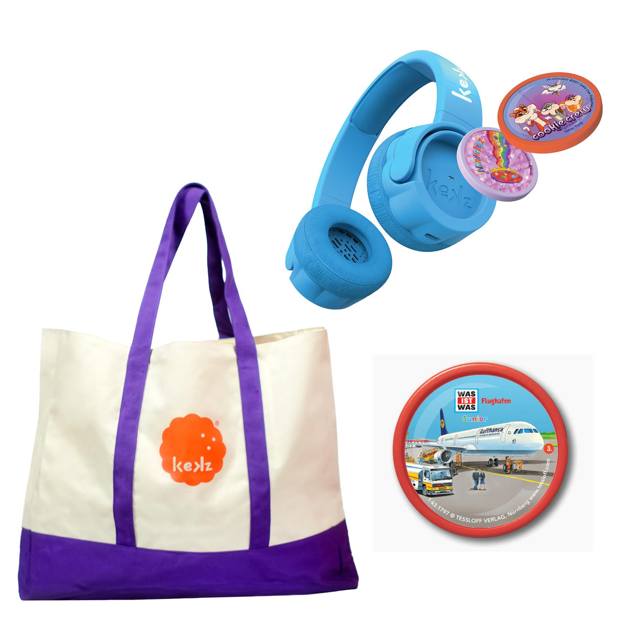 Kekz Set de iniciación Premium: Auriculares para Galletas, Color Azul, Incluye Juego de Audio Cookie Crew & Wunderkekz, Exclusivo en Amazon Strandtasche & Was ist Was Junior – Aeropuerto Audiochip