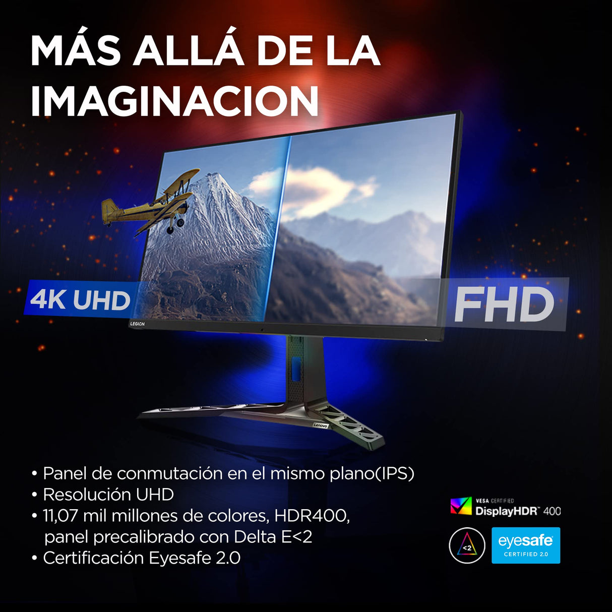 Lenovo Legion Y32p-30 - Monitor Gaming 31.5" 4K UHD con EyeSafe (IPS, 144 Hz, 0.2ms, HDMI DP USB-C + Cables, FreeSync Premium, HDR400, Altavoces) Ajuste de Inclinación/Elevación/Rotación - Negro