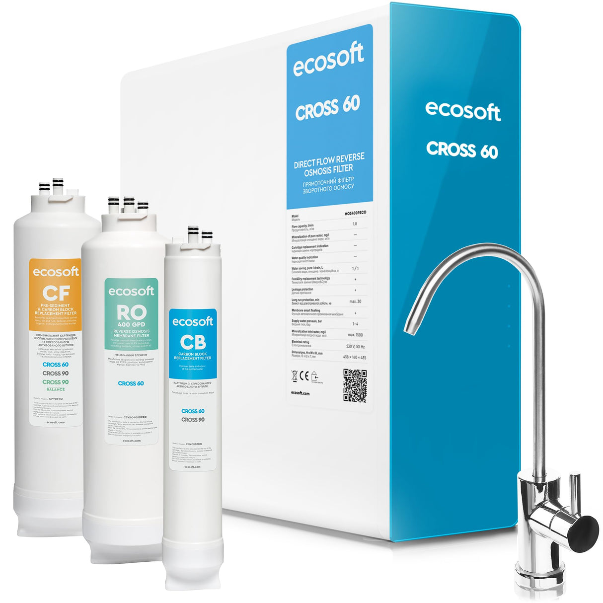 Ecosoft CROSS 60 Ósmosis Inversa Compacto | Flujo Directo de 1 L/min | Tecnología Ecológica de Ahorro de Agua | Pantalla Inteligente | Sustitución de Cartuchos DIY