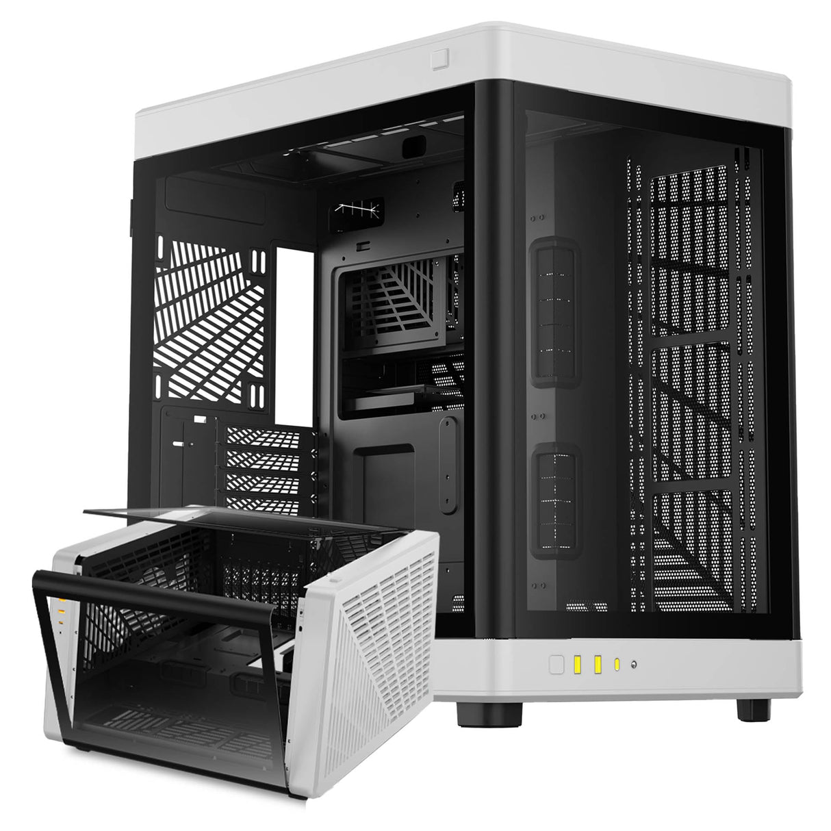 GAMDIAS NESO P1 - Carcasa ATX de Torre Completa Negra y Blanca - Apertura de Giro con un Solo Toque - Panel panorámico de Vidrio Templado - Doble Cahmber - Doble orientación - Alto Flujo de Aire -