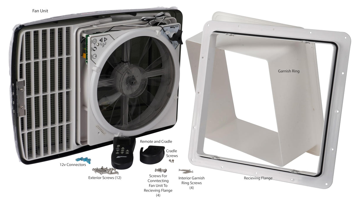 MAXXAIR Maxxfan Deluxe - Ventilador y cubierta de ventilación, todo en uno, potente ventilador reversible de 10 velocidades con termostato, cubierta de lluvia integrada, control remoto, ventilador de
