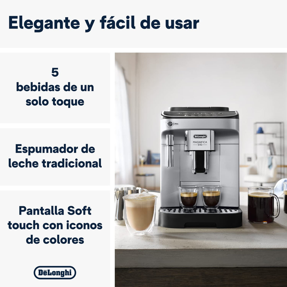 De'Longhi Magnifica Evo Cafetera Superatomática para Café y Cappuccino, ECAM292.33.SB, 4 Recetas, Plata