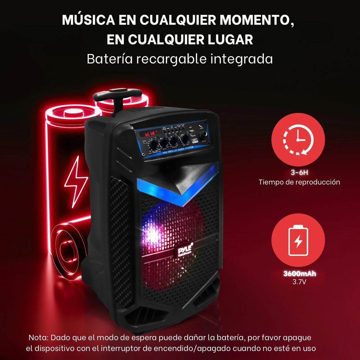 PYLE Sistema de Altavoces, PA, 400W, Bluetooth, portatil, Recargable, Exteriores, subwoofer de 8”, Tweeter de 1”, función de grabación, micrófono, Luces de Fiesta, Radio USB/SD, Color Negro
