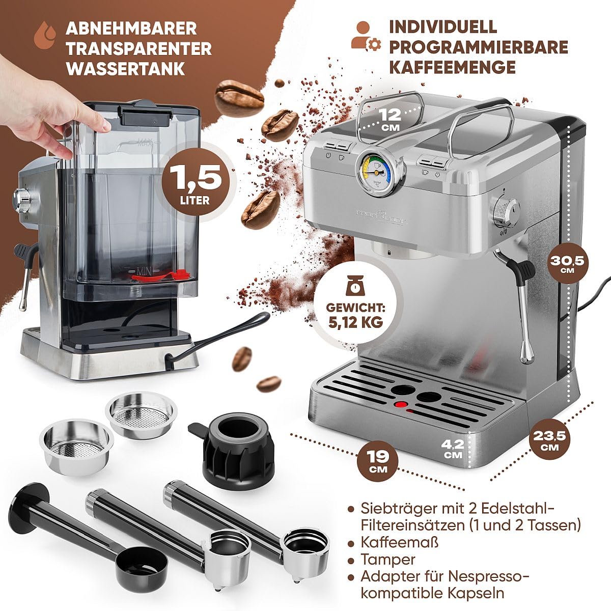 Cafetera espresso ProfiCook | cafetera espresso incl. portafiltro | bomba espresso italiana 20 bar | para café en polvo y cápsulas compatibles Nespresso | cafetera portafiltro | PC ES 1267