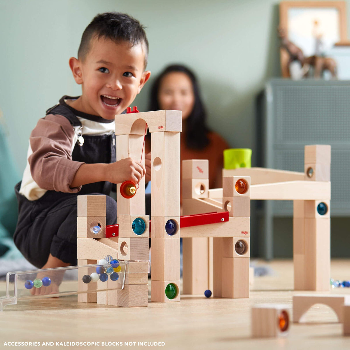 HABA 1136 Ball Track – Large Basic Pack- Large Construction Set with 42 Beechwood Pieces. Includes 6 Glass Marbles and a Little Bell. For Ages 4 and Up (Made in Germany)