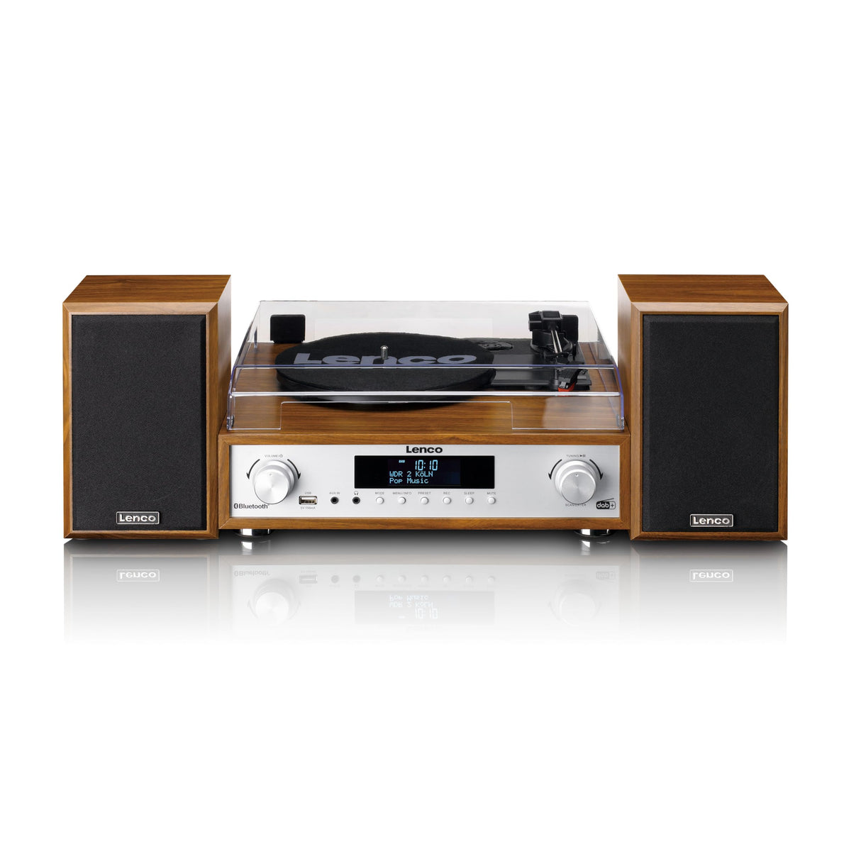 Lenco MC-160WD Equipo de música con Tocadiscos – Radio Dab+/FM, Bluetooth 5.0, conversión de Vinilo a MP3 por USB, tracción por Correa, 3 velocidades, Altavoces de Madera 2x10W, Mando a Distancia