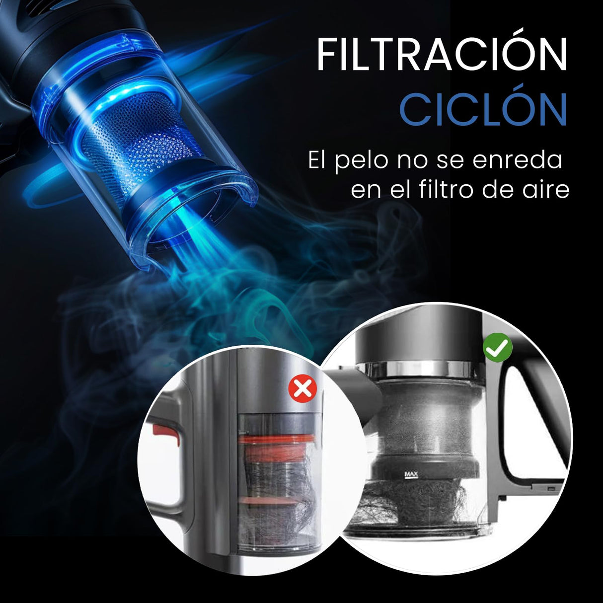 Aspiradora Sin Cable Air Essence Bise MAX, Azul, Aspiradora 100 AirWatt, Vacuum Cleaner 210 W, 1.3 litros, 72 Decibeles, Aspirador De Mano, Cepillo Flexible Con Luz LED, Tecnología Ciclónica
