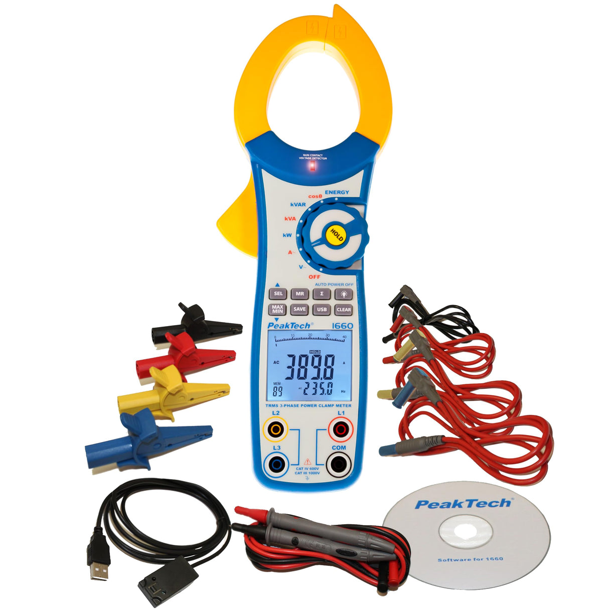 PeakTech 1660 – Pinza amperimétrica con USB, 1000 A CA, 9999 cuentas, multímetro digital, pinza amperimétrica para kW, kWh, kVA, TUV/GS, voltímetro sin contacto, probador de continuidad