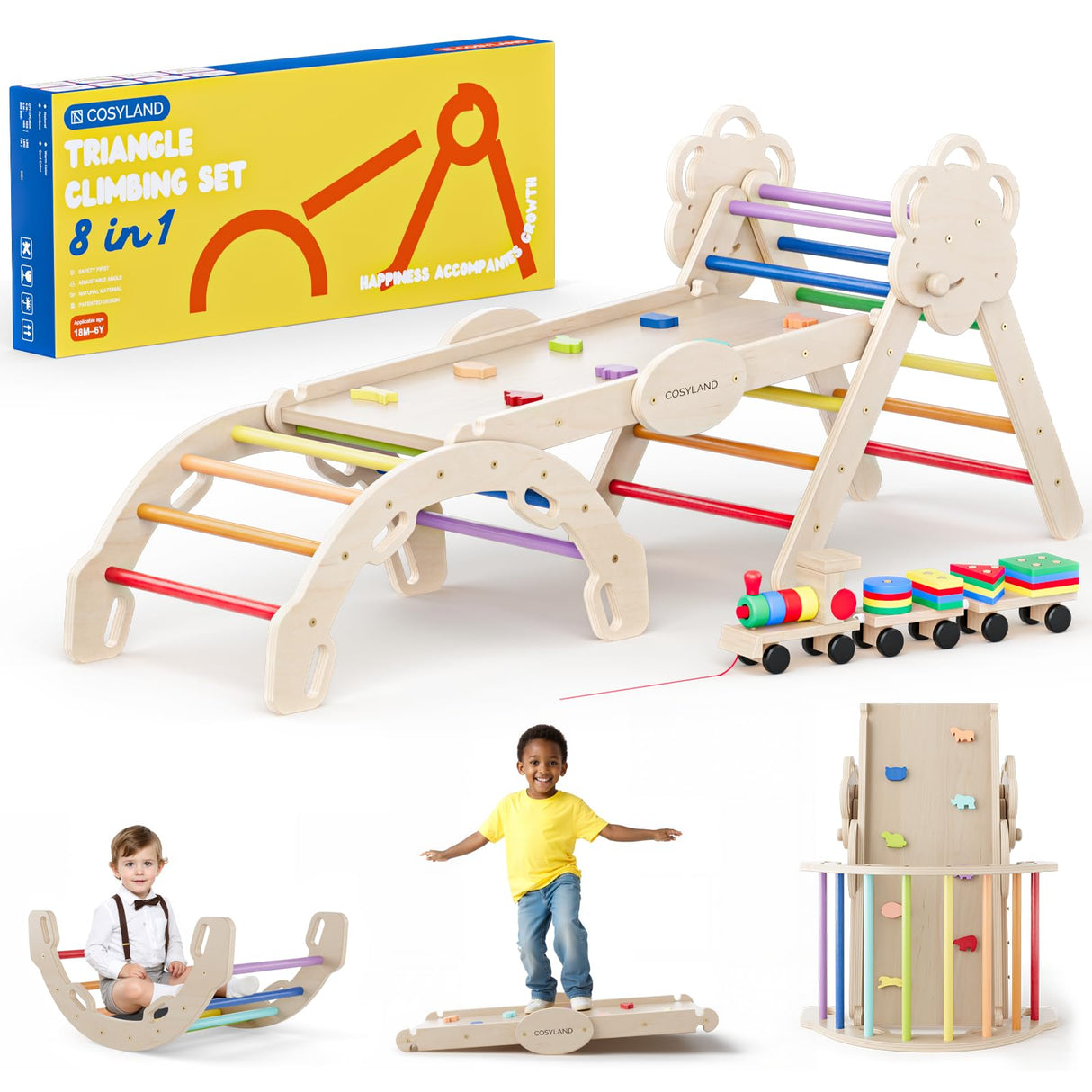 COSYLAND 8 en 1 Triángulo de Escalada Montessori con Arco y Rampa, Set Plegable Infantil, Juguete de Madera Resistente para Interior, Niños 18 Meses-6 años, Colores Arcoíris, Grande