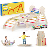 COSYLAND 8 en 1 Triángulo de Escalada Montessori con Arco y Rampa, Set Plegable Infantil, Juguete de Madera Resistente para Interior, Niños 18 Meses-6 años, Colores Arcoíris, Grande