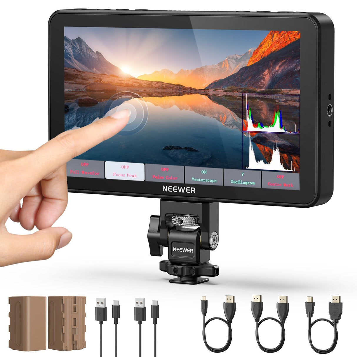 NEEWER 7" F700 Monitor Campo Cámara, Pantalla Táctil IPS 2000nit con LUT 3D, Entrada/Salida Bucle HDMI 4K con Peak Focus DSLR Video Assist HDR Waveform, Zapata Fría Mount, 2 Baterías NP-F750 y Cable