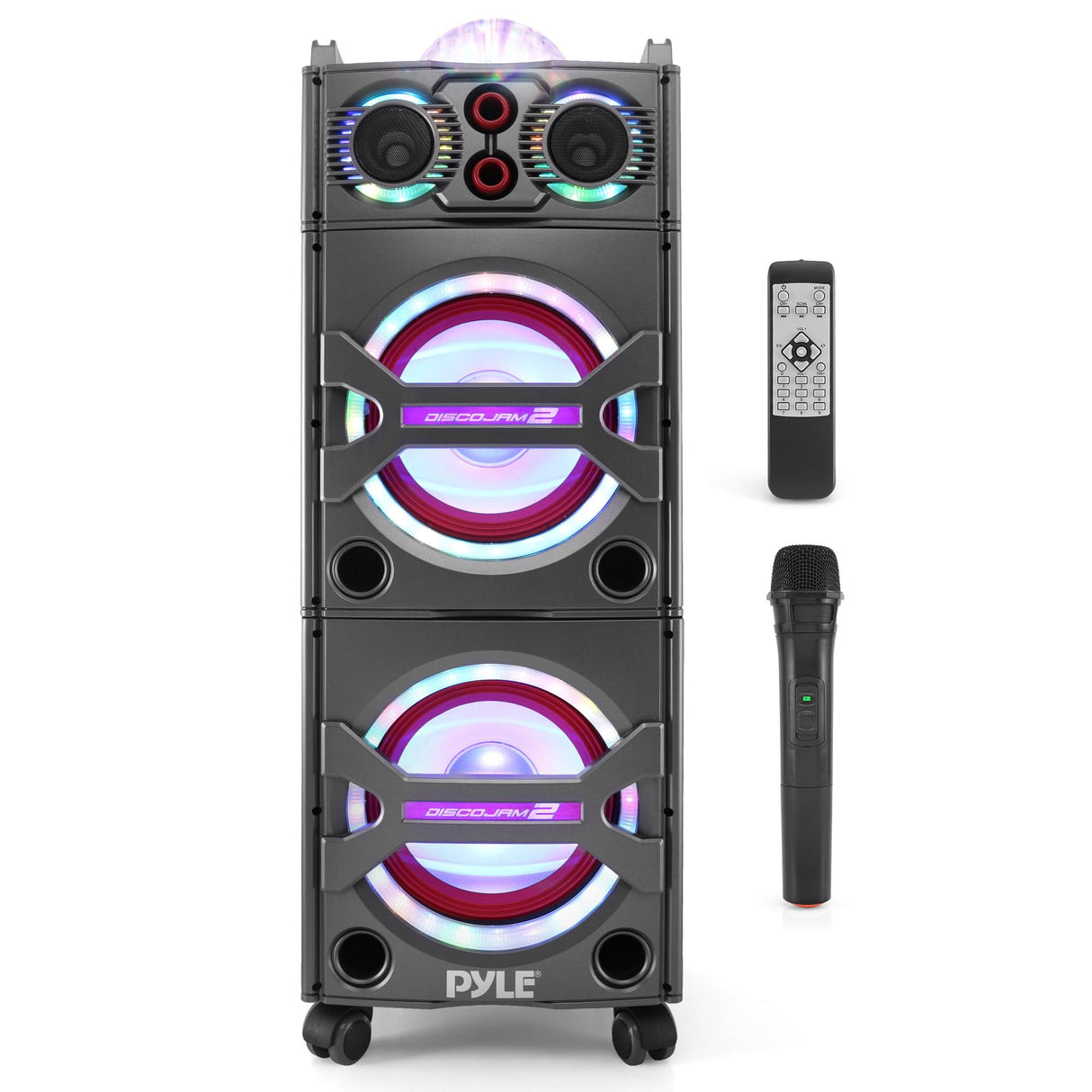 PYLE Altavoz Bluetooth, PA, 2000W, Portatil, Recargable, Exteriores, Subwoofer de 10”, Tweeter de 1”, función de grabación, micrófono, Luces de Fiesta, Radio USB/SD