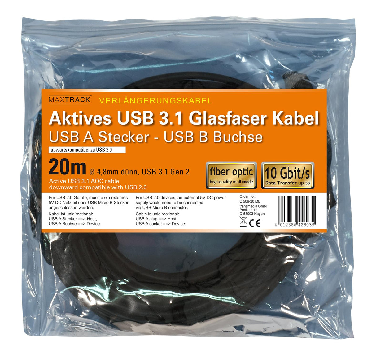 MAXTRACK C506-20ML Cable de fibra óptica USB 3.1 Gen 2 activo ultrarrápido, transferencia de datos de hasta 10 Gbps, transferencia de datos sin pérdidas de hasta 20 metros, compatible con USB 2.0