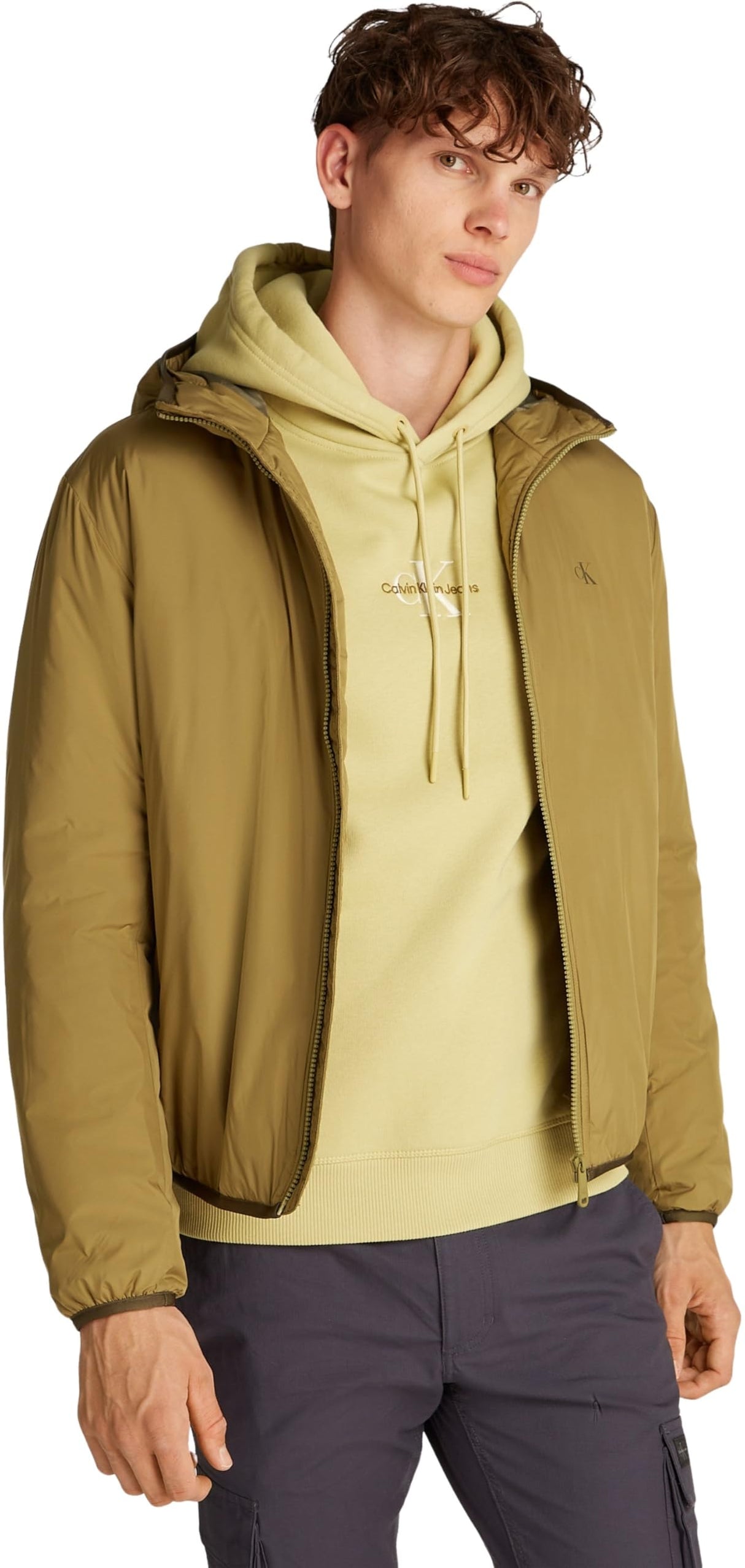 Calvin Klein Chaqueta cortavientos Hombre Hi-Neck con capucha, Verde (Gothic Olive), XS