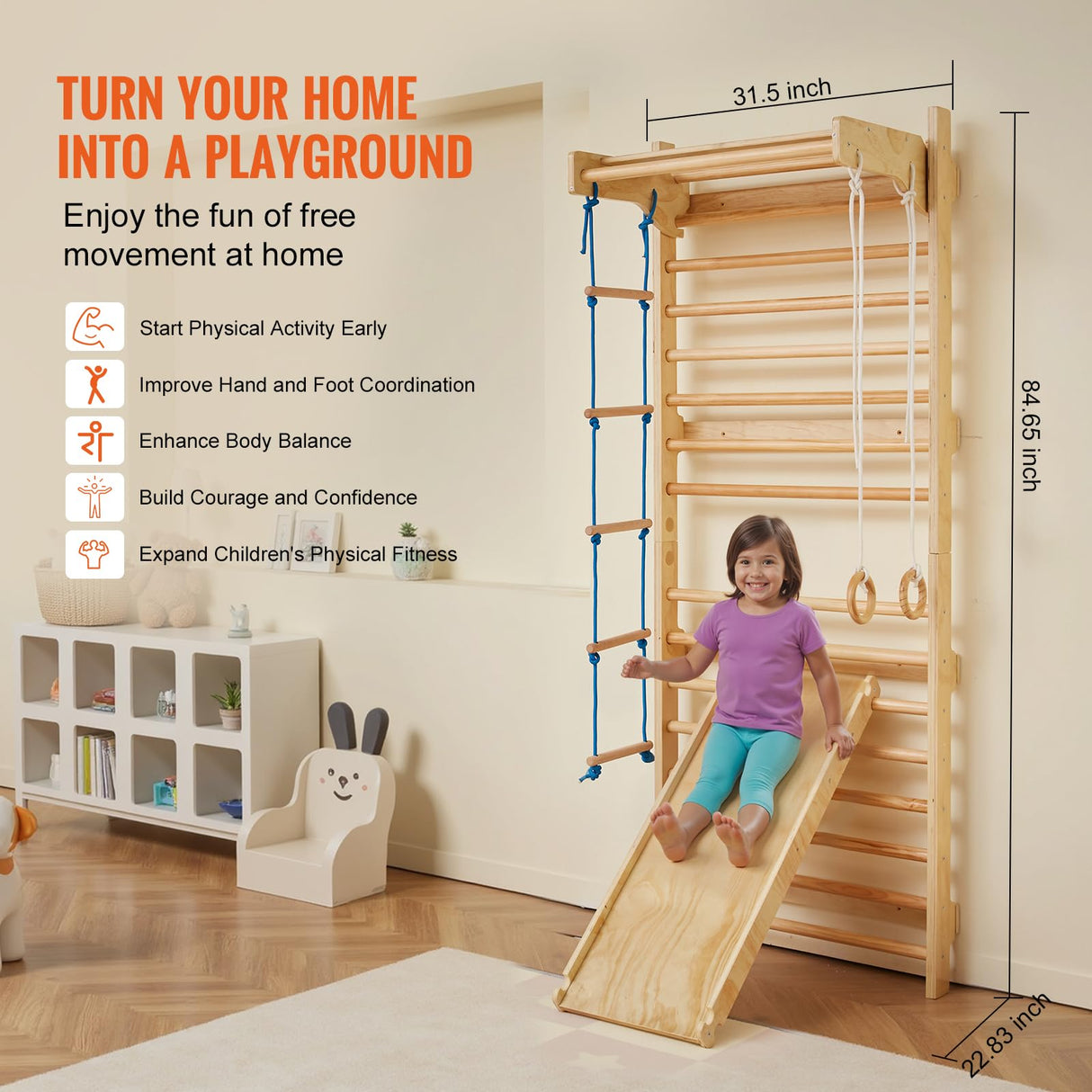 VEVOR 5 en 1 Juguetes de Escalada de Madera, Carga de 99,8 kg, Escalera Sueca de Pared con Barra de Dominadas, Anillos de Gimnasio, Escalera de Cuerda, Escalera de Pared, Tablero Deslizante