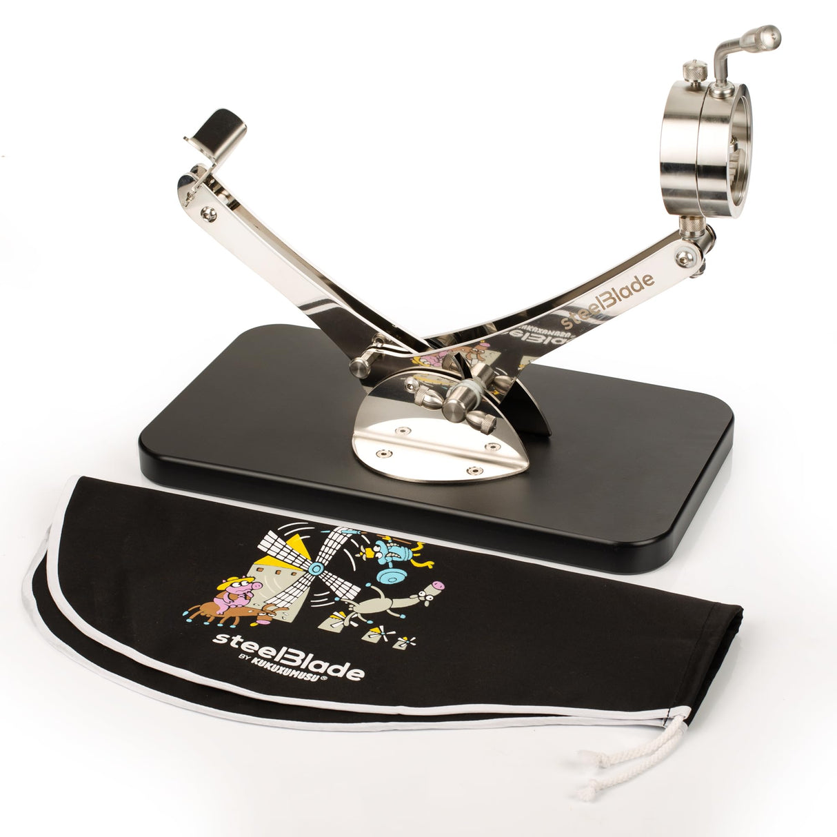 steelBlade - Jamonero Sublim Articulado Giratorio 360º Acero Inoxidable con Ventosa de sujeción + Cubre jamón Kukuxumusu - Soporte Jamonero Fabricado en España