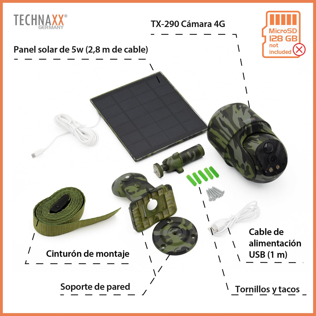 Technaxx TX-290, cámara de Seguridad de cúpula PT 4G para Exteriores con Panel Solar de 5W - PTZ de 360°, vídeo FullHD de 4 MP, visión Nocturna, detección de Movimiento PIR, IP65, Audio bidireccional
