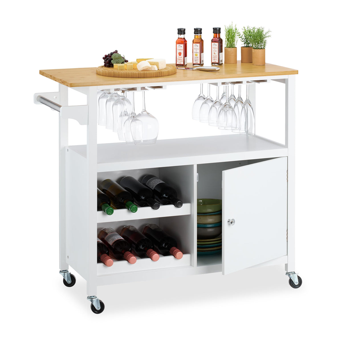 Relaxdays Carrito Auxiliar de Cocina, Botellero, Portacopas, con Puerta, Toallero, 83x92x40 cm, Bambú, Blanco/Natural, Nailon, Tablero de Fibras