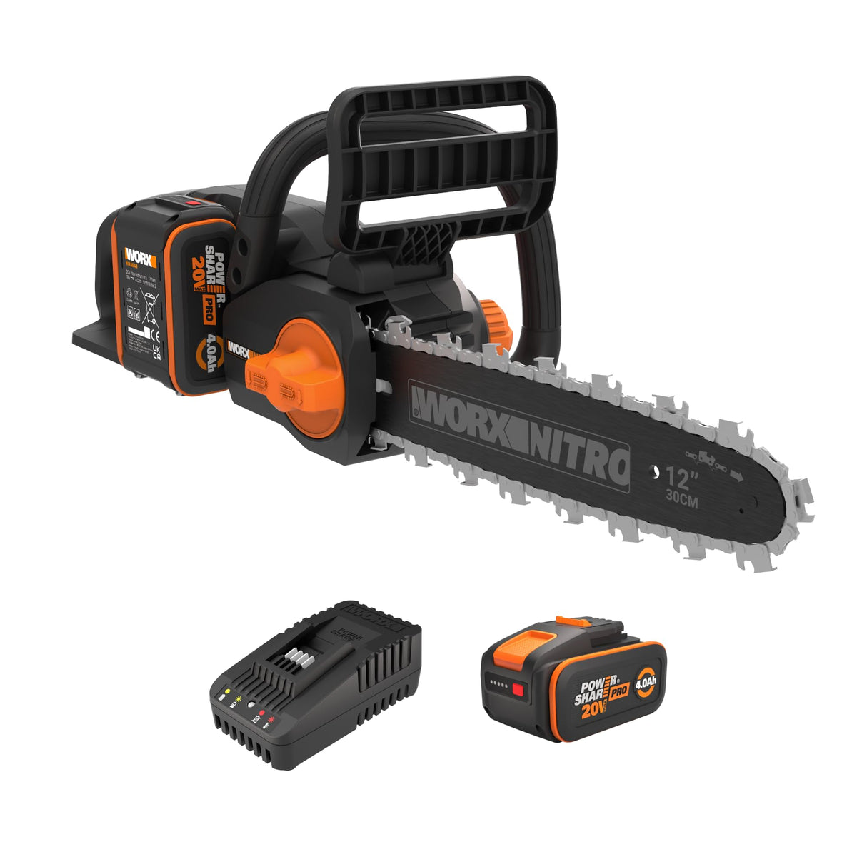 WORX WG350E Nitro - Motosierra profesional con batería de 20 V, potente sierra para madera, 10 m/s, longitud de corte de 30 cm, compacta y segura, lubricación automática, tensor de cadena