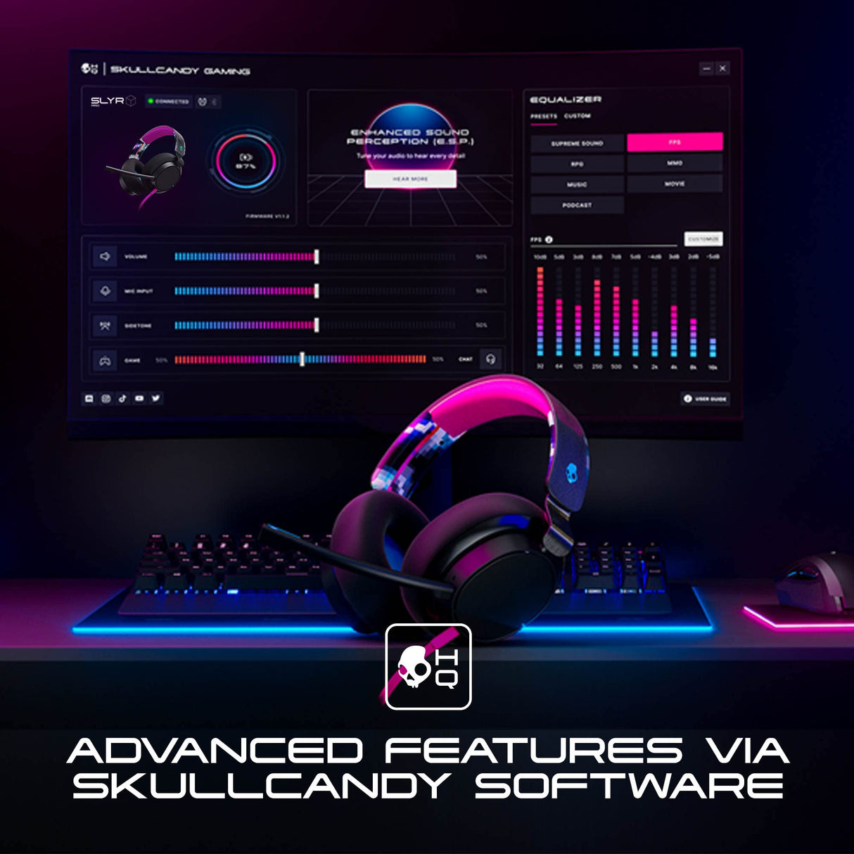 Skullcandy SLYR Pro Cascos Over-Ear Multiplataforma con Cable para Gaming, con Enhanced Sound Perception, Micrófono con IA, Compatibles con Xbox Playstation y PC - Azul