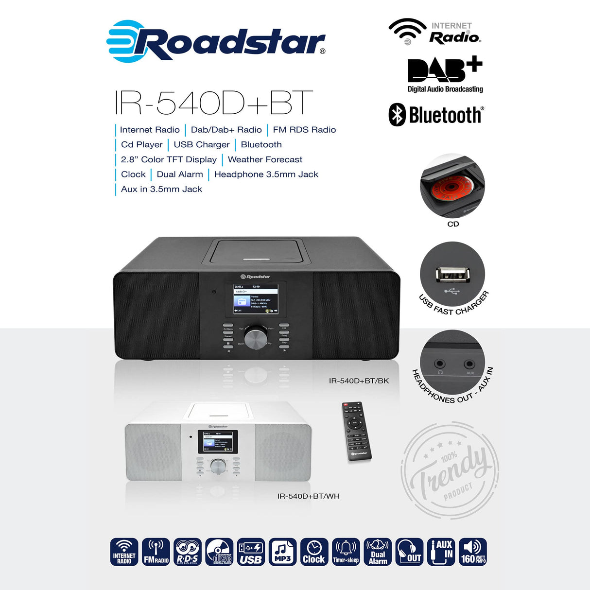 Roadstar IR-540D+BT/BK Microcadena Radio Internet Wi-Fi y Digital Dab+/ FM, Reproductor CD-MP3, Bluetooth, USB para Carga Rápida, AUX IN, Mando a Distancia, Conexión Auriculares, Negro