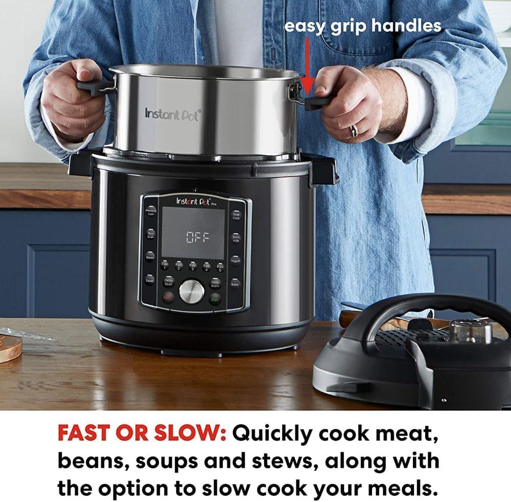 Instant Pot Pro Olla a Presión Eléctrica Multifunción 10 en 1, Cocción Lenta, Arrocera, Vaporera, Yogurtera, Sartén para Saltear, Esterilizador y Al vapor – Acero Inoxidable, 1200 W – 5,7 L, Negro