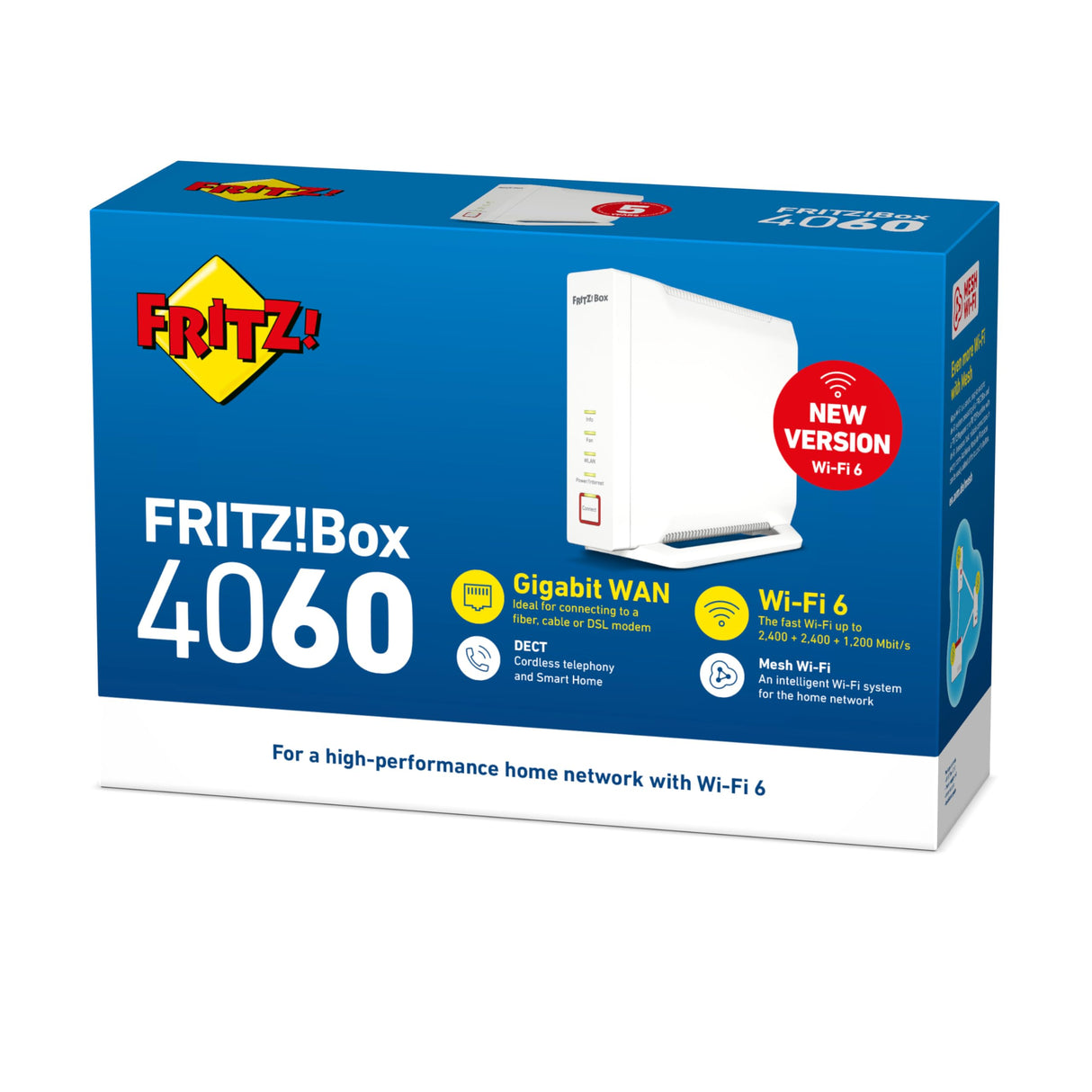 Fritz!Box 4060 International - Router Wi-Fi 6, Tribanda con hasta 6 Gbps, Mesh, 4 x LAN Gigabit, 1 x USB 3.0, Interfaz en Español