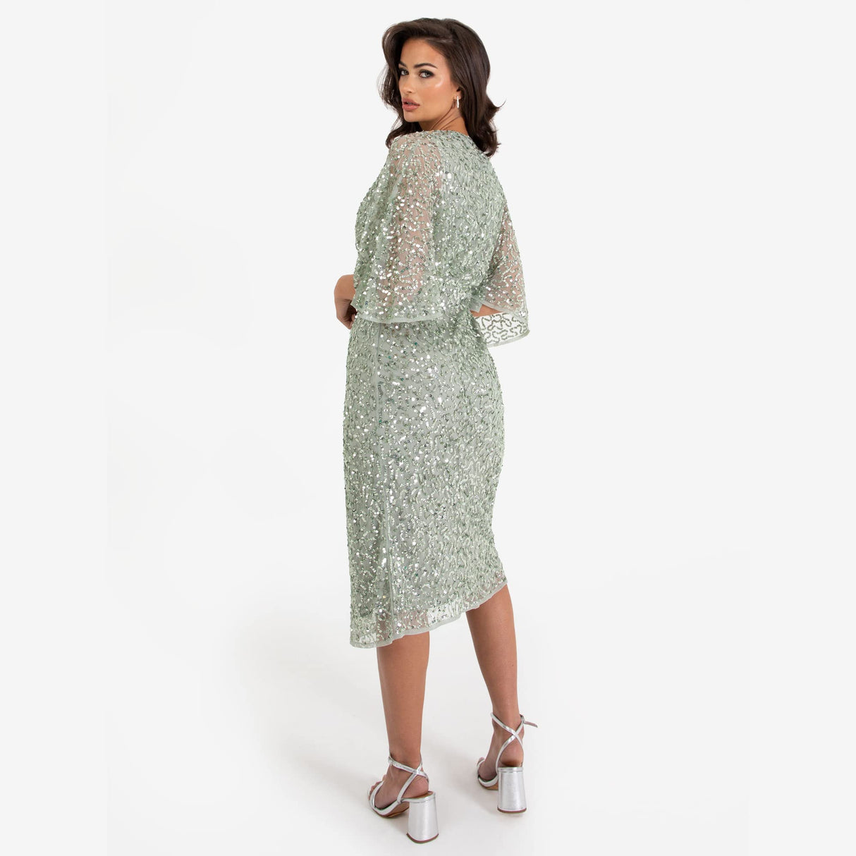Maya Deluxe Womens Midi Ladies Sequin Embellished Cape Sleeve Wrap Dress for Wedding Guest Bridesmaid Cocktail Prom Evening Vestido, Green Lily, 44 para Mujer