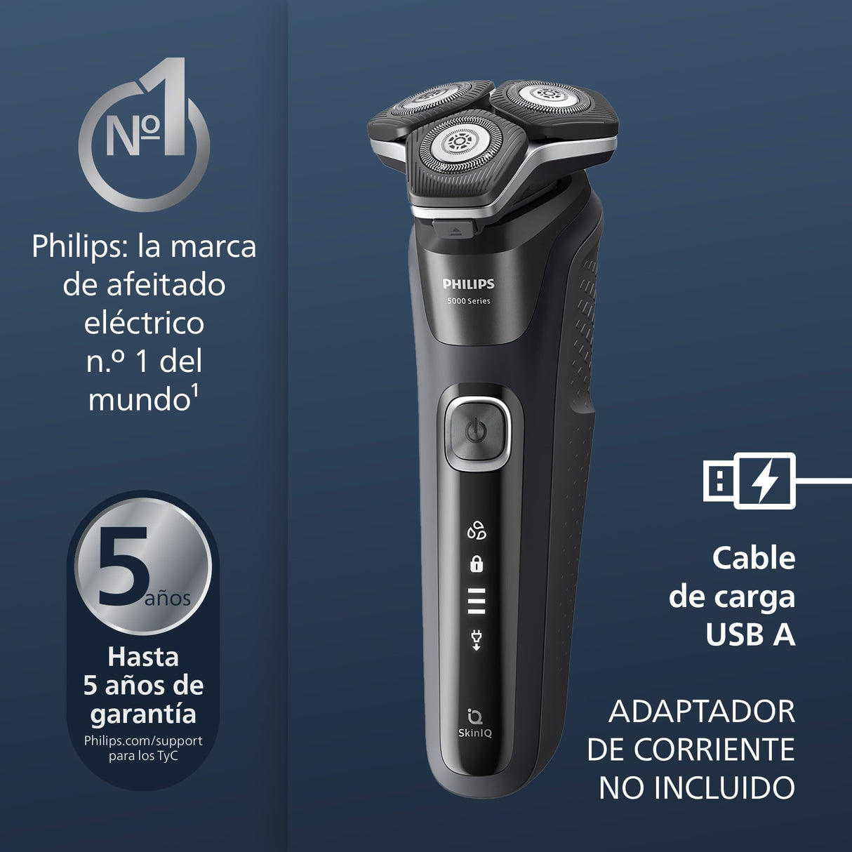Philips Serie 5000 Afeitadora Eléctrica Hombre, Máquina de Afeitar Barba con Recortadora, 45 cuchillas, Cuida la piel, 60min de uso, En Seco y Húmedo, Recargable, Centro de Limpieza, S5898/50, Negro