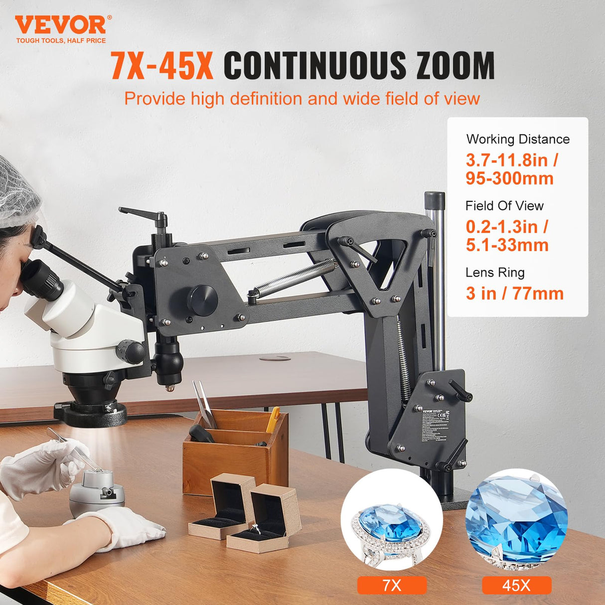 Microscopio multidireccional VEVOR con soporte de resorte, microscopio de joyería con aumento de 7X-45X, soporte para incrustaciones de microjoyas con luz LED de anillo USB integrada y tornillo de ban