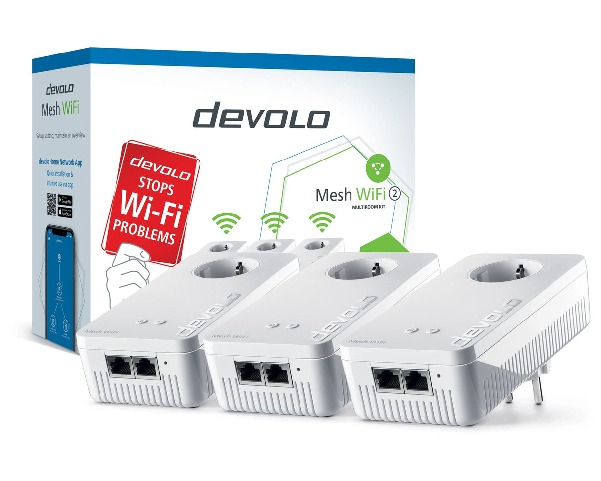 devolo Adaptador de Red WiFi, Kit multisala WiFi 2 de Malla, hasta 1200 Mbit/s, Red de Malla WiFi, 6 Puertos Gigabit LAN, Enchufe WLAN, dLAN 2.0, Color Blanco