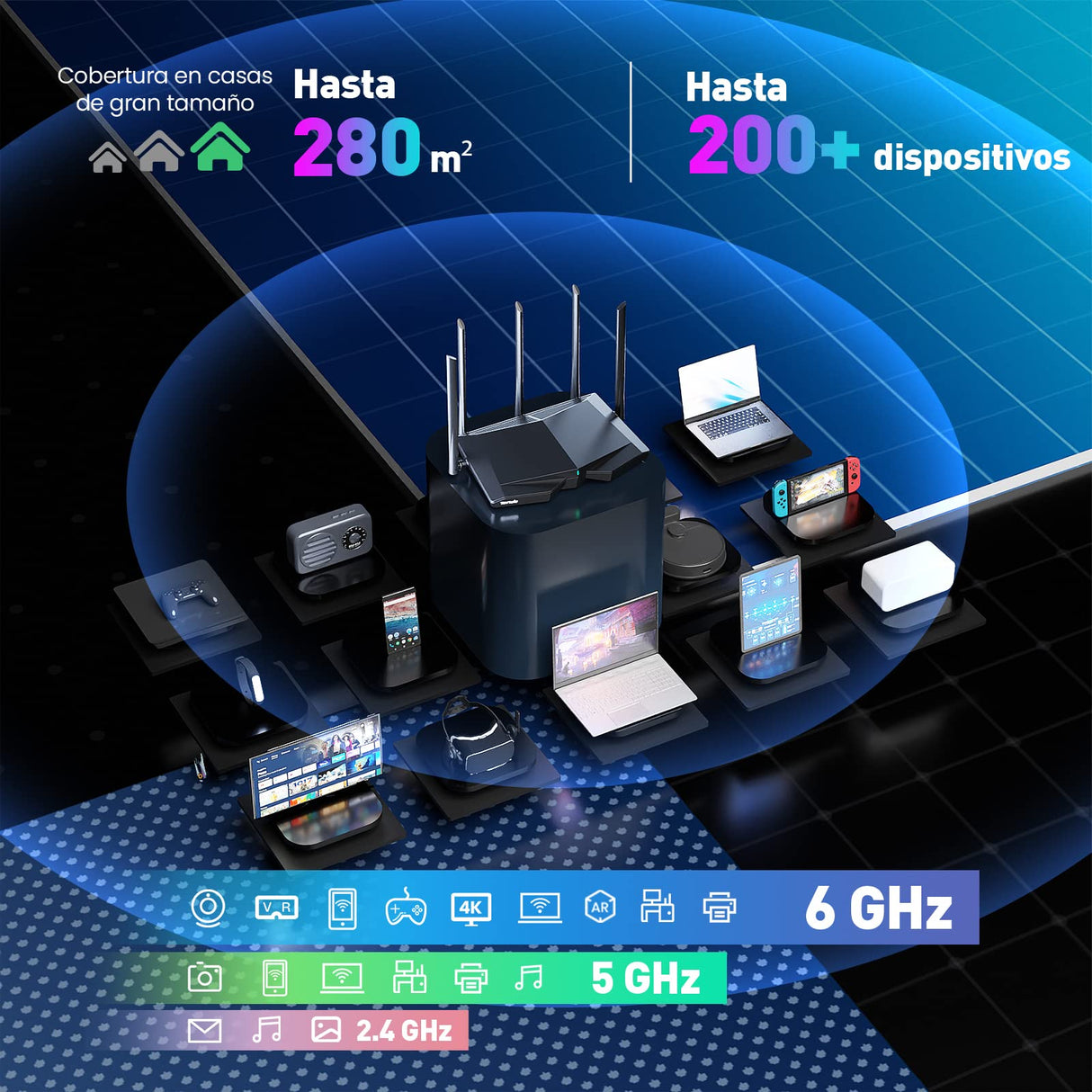 Tenda Router WiFi 6E de Tri-Band AX5700 Gigabit (6GHz: 2402 MBps, 5GHz: 2402 MBps, 2.4GHz: 861 MBps) 5 Antenas 6dBi CPU 1.7 GHz, Ideal para AR/VR/Steam 4K/8K, WiFi 6 Repetidor WiFi+ (RX27 Pro), Negro