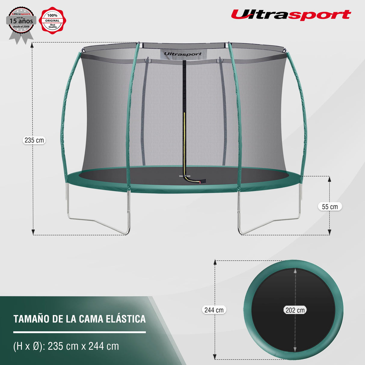 Ultrasport Deluxe Cama Elastica Niños Exterior 244 cm hasta 100 kg con Red de Seguridad, Acolchado I Camas Elasticas, Trampolin, Colchoneta Elastica, Trampolines para Niños