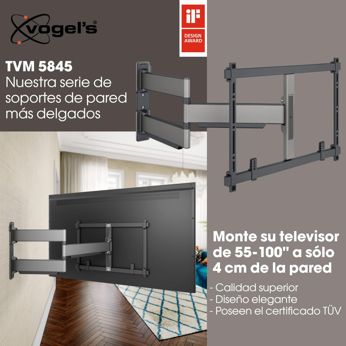 Vogel's Elite TVM 5845 Soporte TV Giratorio y Ultrafino para TV de 55 a 100 Pulgadas, Peso máx. de 55 kg, Gira hasta 180°, Soporte de TV Full-Motion, Máx. VESA 600x400, Compatibilidad Universal