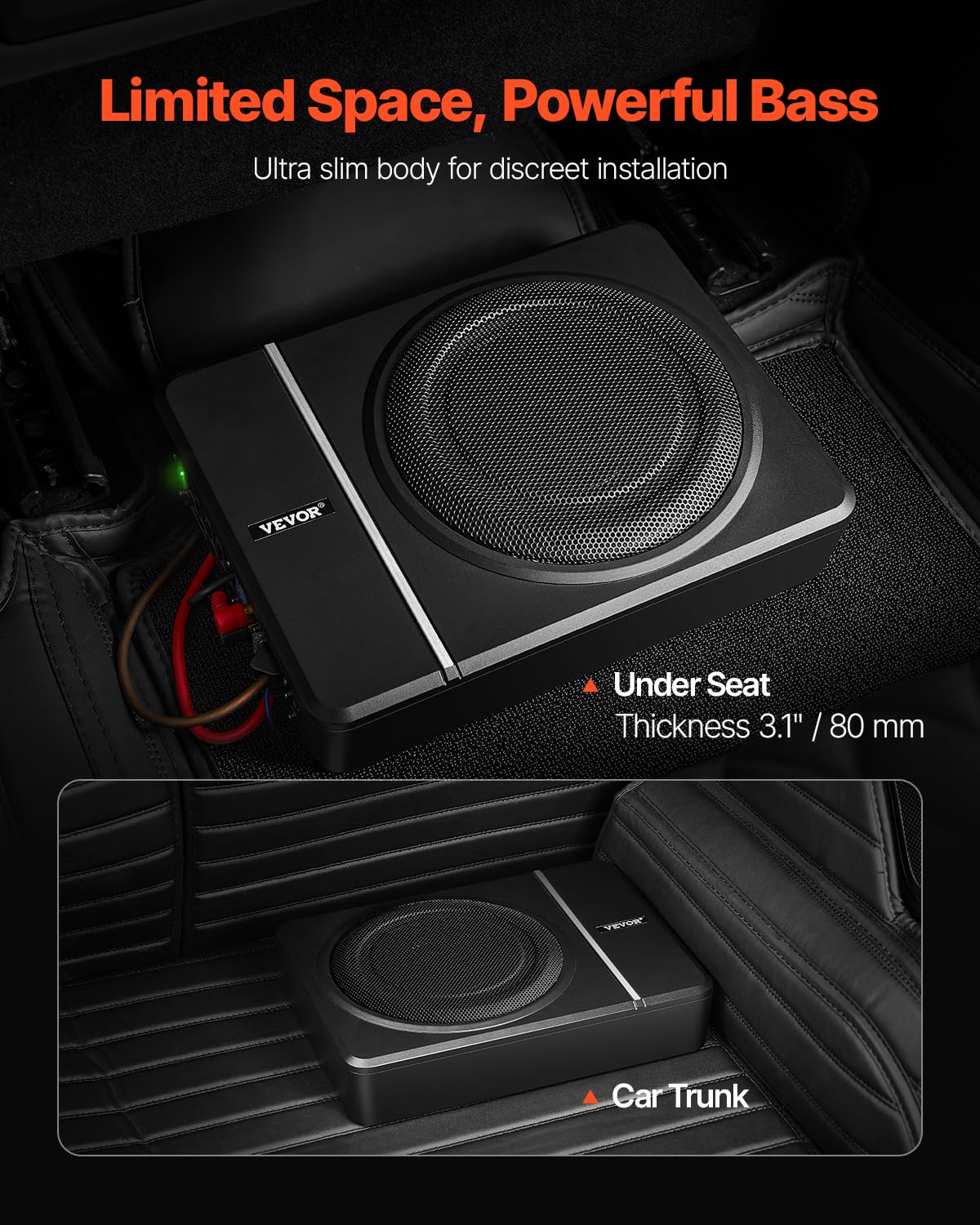 VEVOR Subwoofer para Debajo del Asiento para Automóvil 203 mm 240 W Altavoz Compacto para Coche Amplificador Incorporado Entrada Bajo Controlador de Volumen Control Remoto con Cable