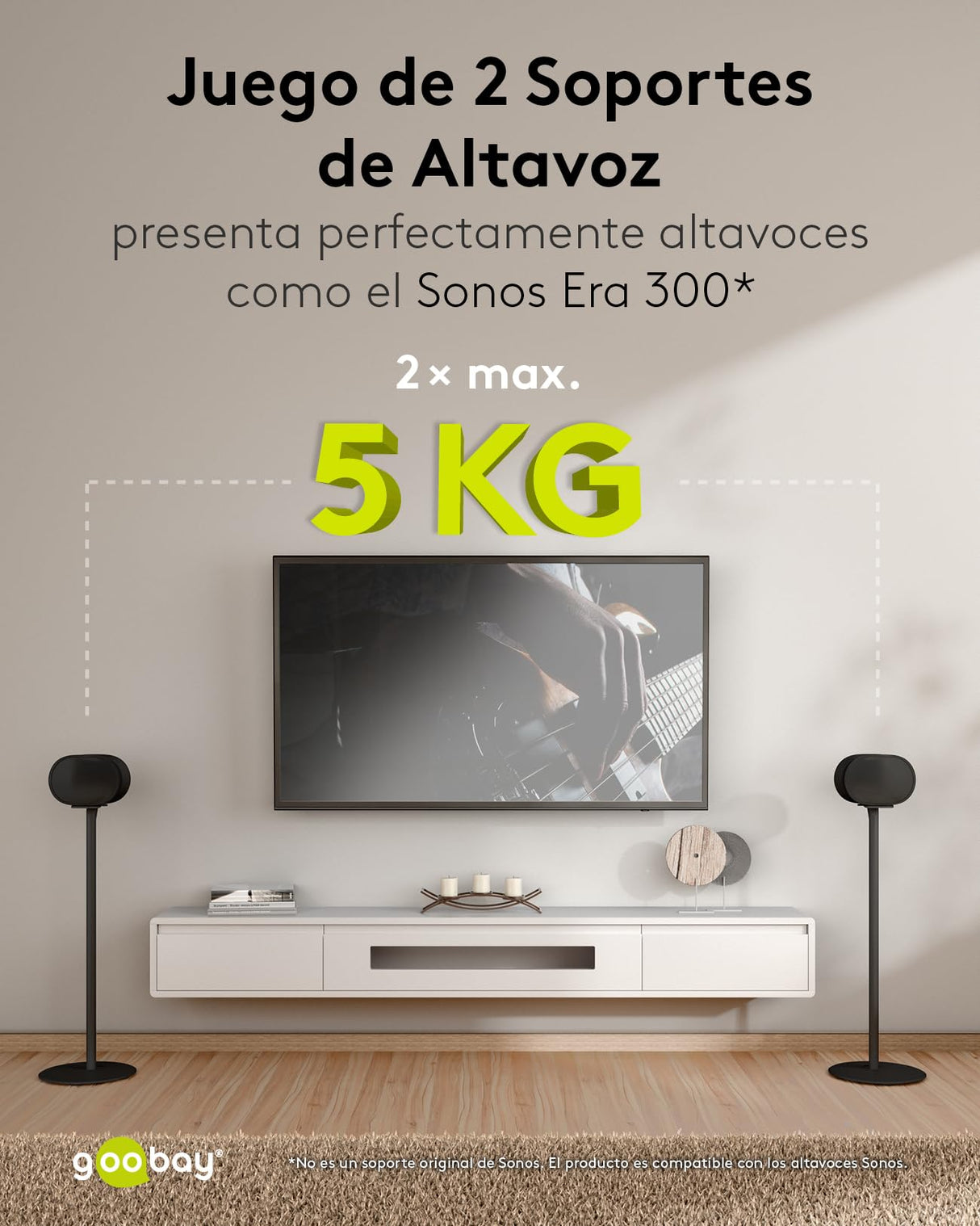 goobay Soporte para Altavoces Sonos Era 300, Capacidad de Carga de 5 K, gestión de Cables, 71,5 cm de Altura, Negro, 71195