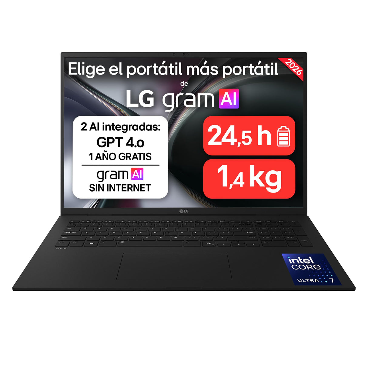 LG gram 17ZD90TL-G.AX85BN - Ordenador Portátil Ultraligero de 17" Intel Core Ultra 7 258V, 32 GB RAM, 512 GB SSD, IPS Antirreflejo, 1389g, 24.5h, FreeOS, Teclado QWERTY Español, Negro Carbón
