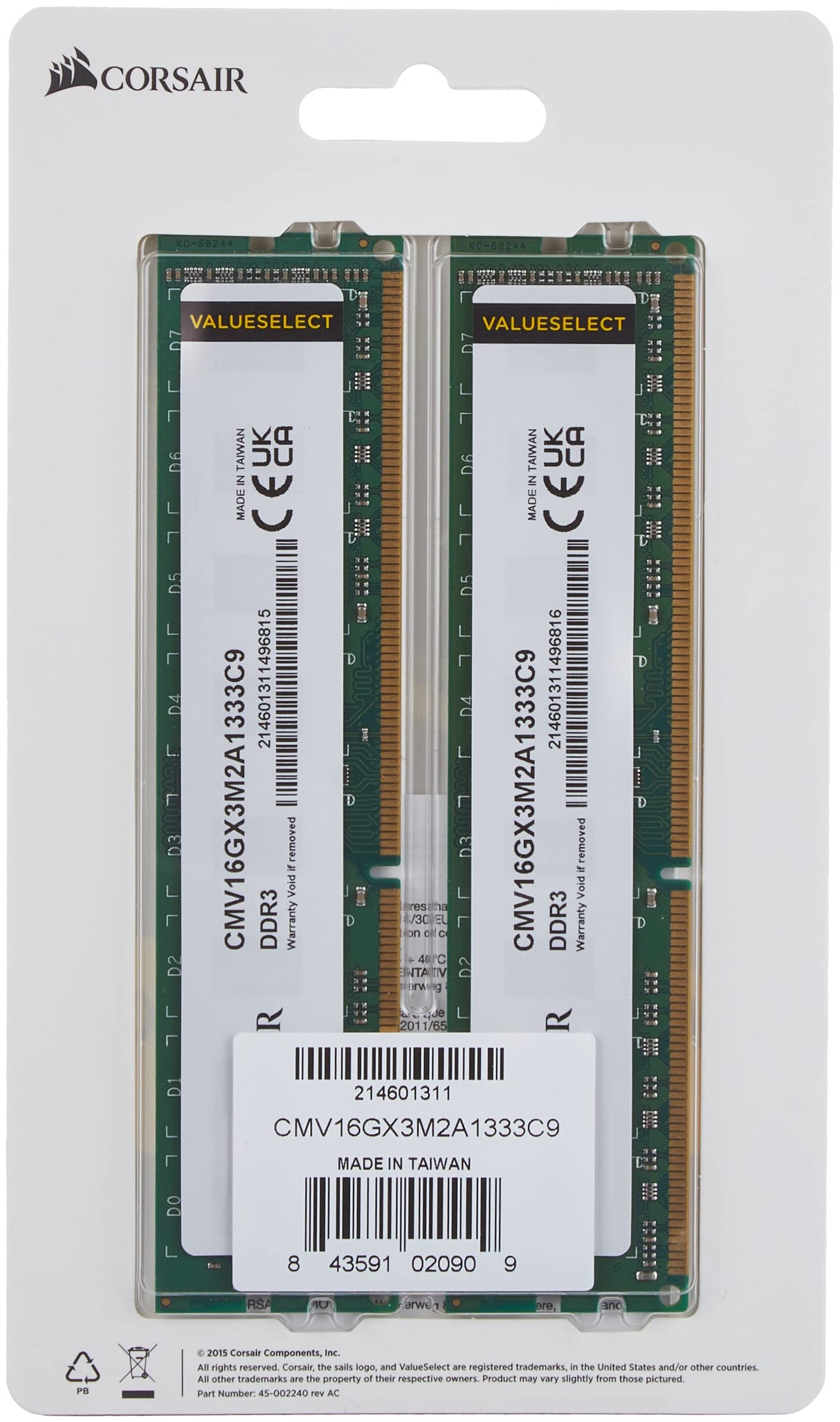 Corsair Value Select - Módulo de Memoria Principal de 16 GB (2 x 8 GB, DDR3, 1333 MHz, CL9) (CMV16GX3M2A1333C9)