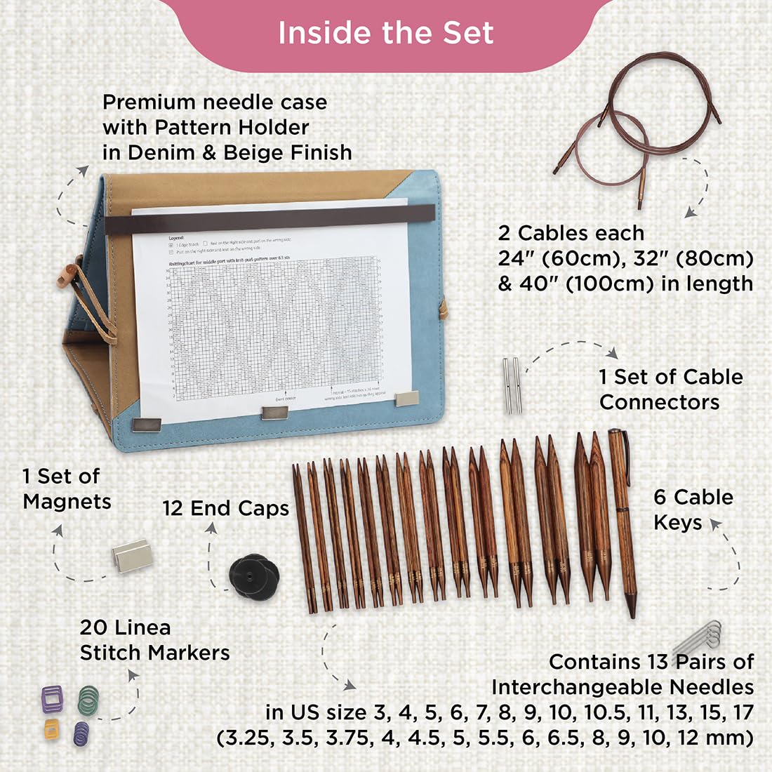 KnitPro Ginger Set de Agujas Intercambiables - Pares de Agujas Circulares de 13 x 13 cm con Accesorios Ginger Grande Set, para Principiantes, Profesionales y Caja de Regalo