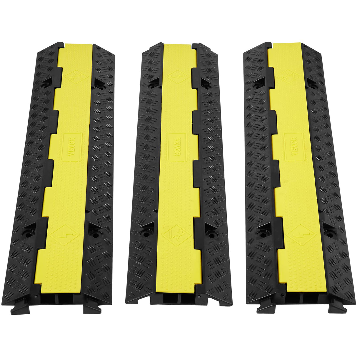 VEVOR Rampa de Protección de Cable 3 Piezas 2 Vías Canaleta Pasacables de Suelo 3 x 3 cm Protector de Cables de Caucho y PVC Capacidad de Carga 5443 kg Cubiertas de Suelo para Cables Negro y Amarillo