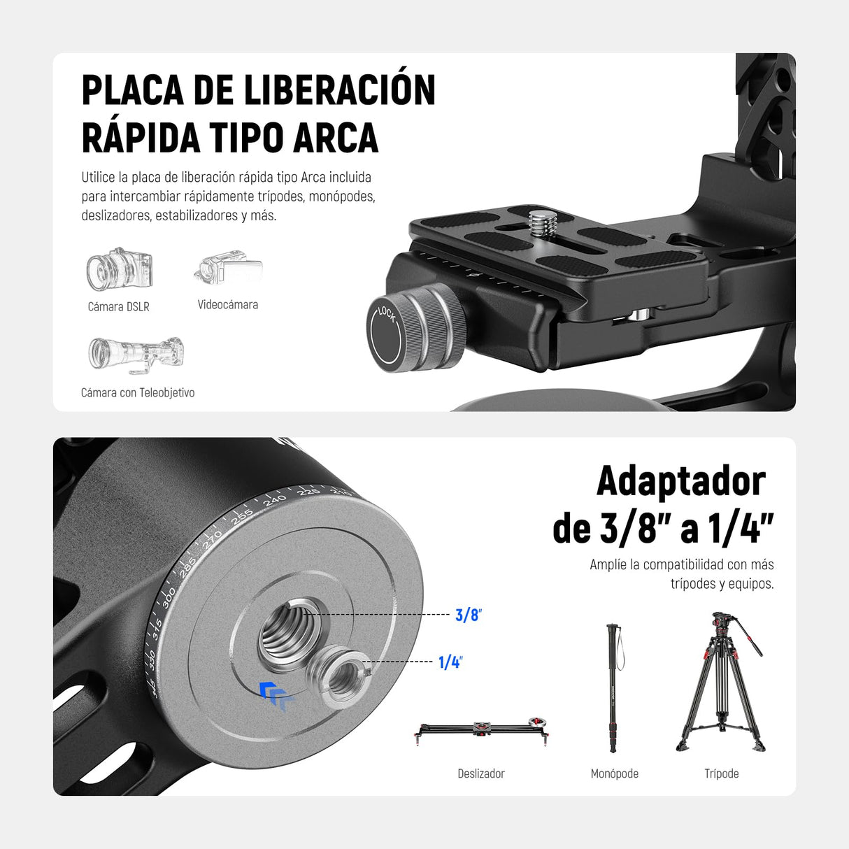 NEEWER GM102 Cabezal Gimbal para Trípode Monópode Teleobjetivos, 360° Cabezal Trípode Cámara Panorámica, Ajuste 3 Ejes, Aleación Aluminio CNC Resistente, Liberación Rápida Tipo Arca, Carga Máx 15kg