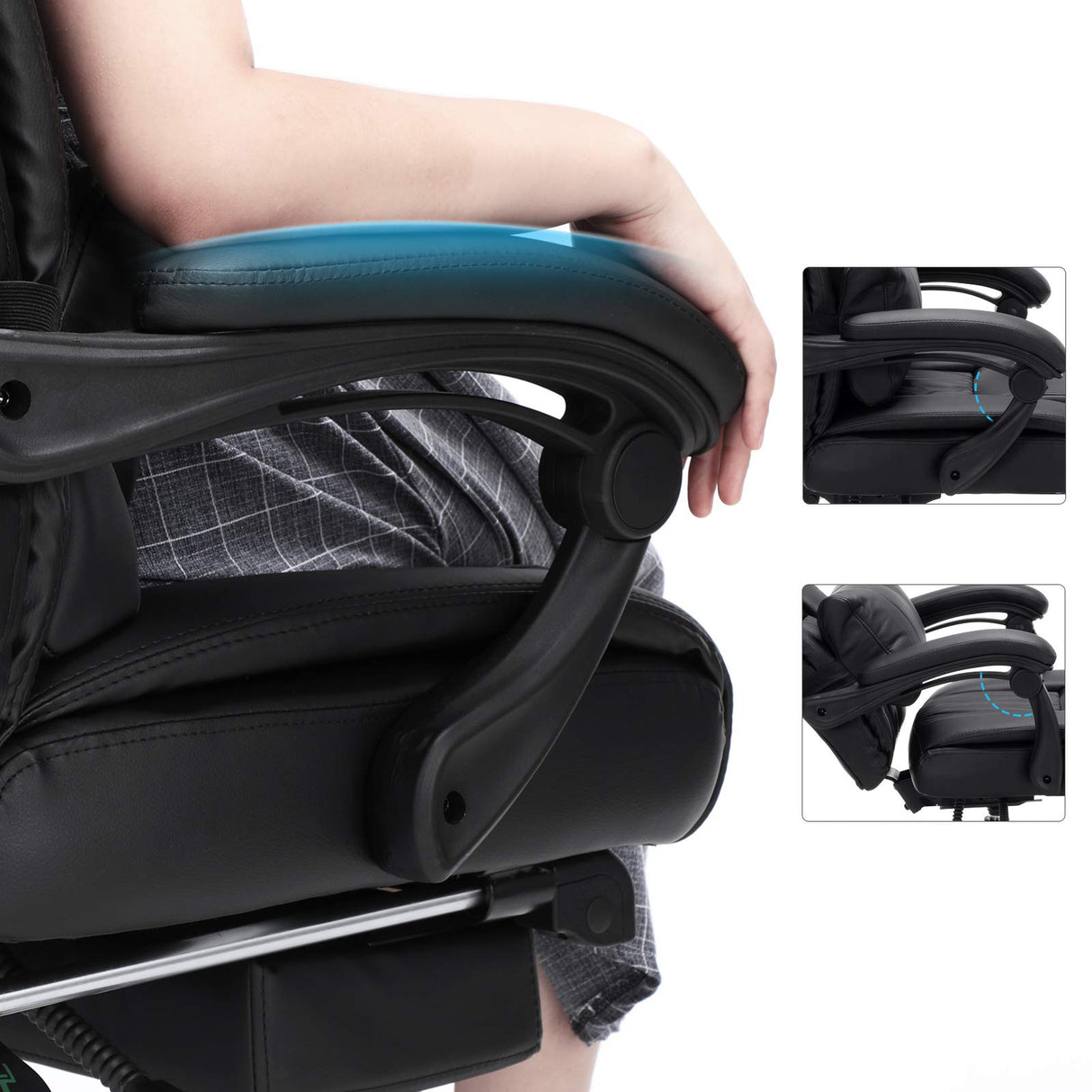 SONGMICS Racing Silla de Escritorio computadora Oficina Ergonómica con reposapiés Plegable PU Metal Cromado Negro 150 kg OBG71B