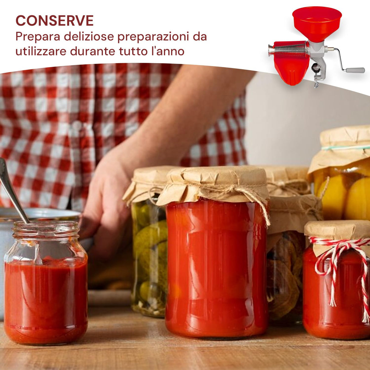Wintem Exprimidor manual rojo 45 × 28,5 × 37 cm – Hecho de hierro fundido y acero inoxidable es resistente y duradero – Hélice eje tomate de resina acetálica resiste más de 220 °C – Fijación con