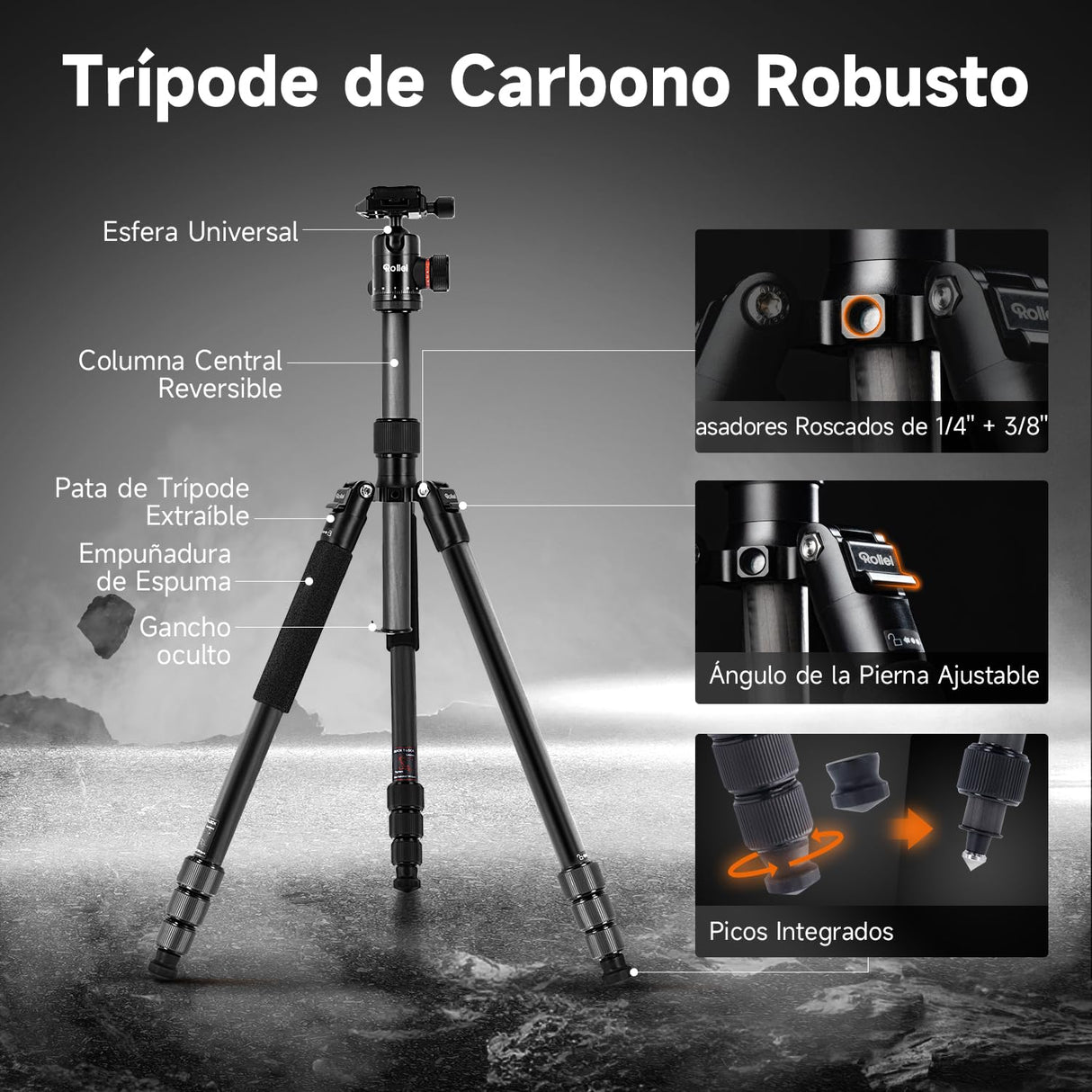 Rollei C6i Tripode Camara Nergo, 172cm Tripode Carbono Fotografia de Viaje Portátil con Cabezal Esférico de 360° Camera Tripod para Sony Canon Nikon Trípode Móvil con Soporte para Teléfono