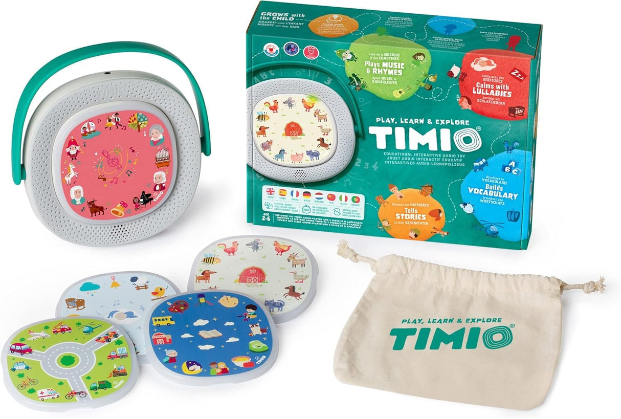 TIMIO Reproductor + 5 Discos | Escucha Cuentos de Hadas, Historias, música y rimas Infantiles | Aprende números, Letras y Animales | Incluye 8 Idiomas | para niños de 2 a 6 años