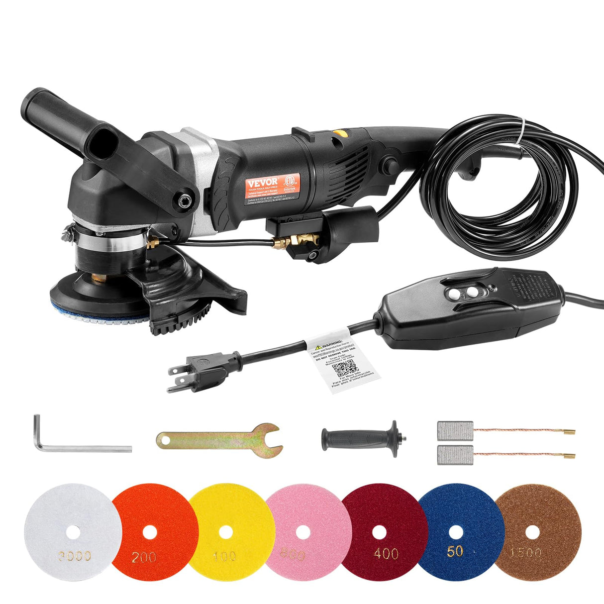 VEVOR Pulidora Húmeda de 800 W con 6 Velocidades Variables y 7 Kits de Pulido, para Mármol, Granito, Piedra, Roca, Baldosas, Equipada con un Interruptor GFCI(700-3000 RPM), 415 x 170 x 220 mm