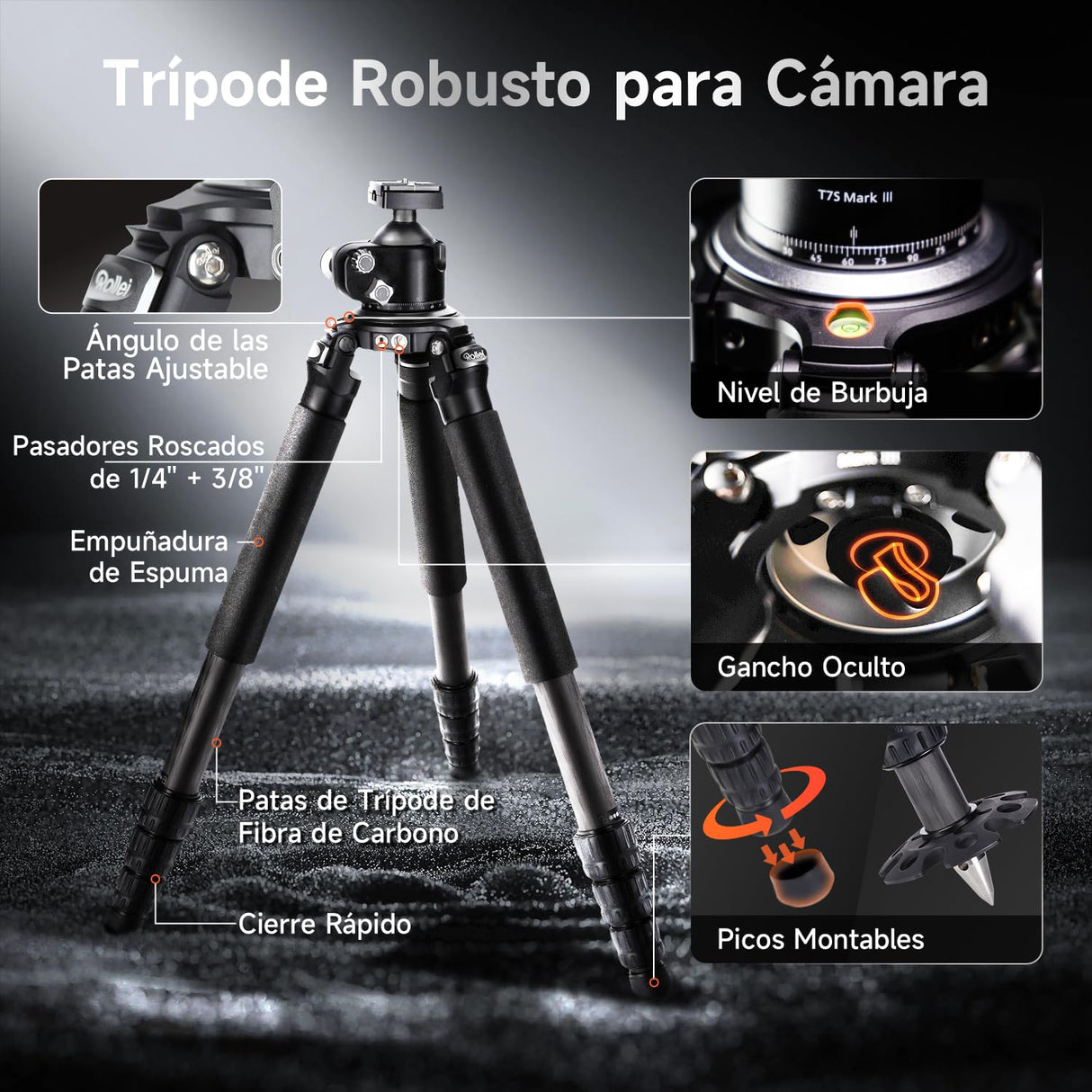 Rollei Rock Solid Alpha Mark III, 166cm Tripode Carbono Fotografia Trípode Profesional para Cámaras con Capacidad de Carga de 30kg Camera Tripod Negro con Rótula Ajustable para DSLR Videocámara