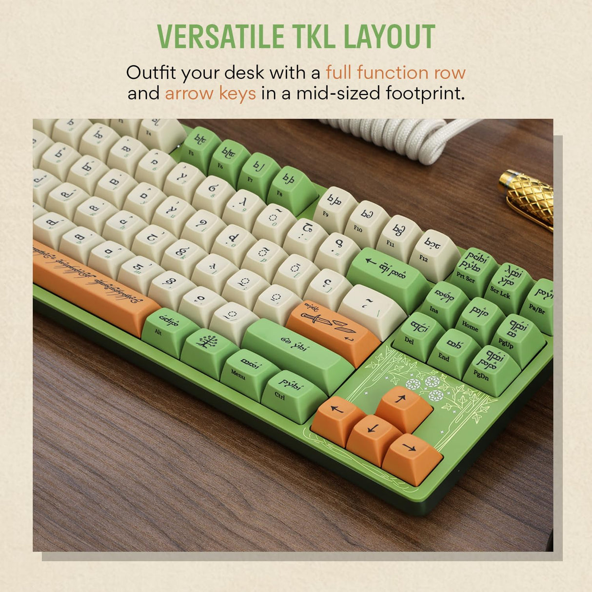 Drop + Teclado mecánico Elvish TKL de The Lord of The Rings™, Teclas de Perfil MT3 con Teclas Accent, interruptores táctiles Holy Panda X, Teclas PBT Dye-Sub, retroiluminación LED, Verde