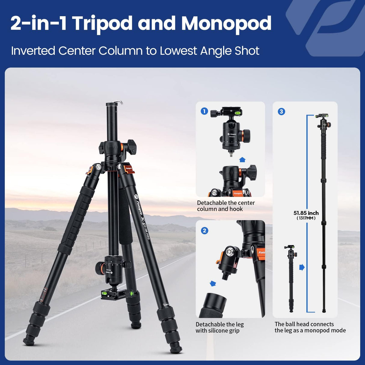 Fotopro Trípode Horizontal para cámara de 160 cm con Cabeza de Bola de 360 Grados, Placa de liberación rápida para cámara de vídeo DSLR, trípode 2 en 1 y monopié, Carga máxima de 10 kg
